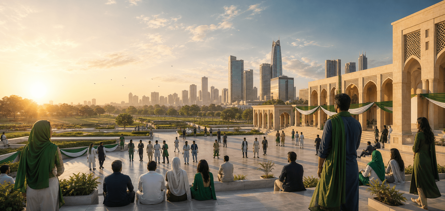 A hopeful civic plaza scene with Pakistani architectural details and citizens gathering.